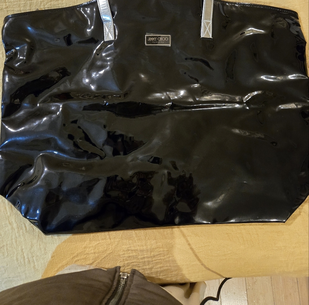 Jimmy Choo Parfums black patent leather oversized tote bag